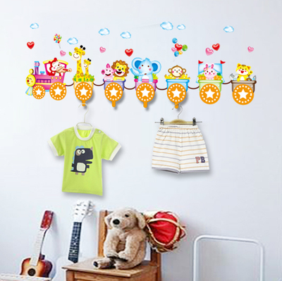 宝宝房间卧室客厅卡通动物火车墙贴画卡通实用挂钩环保粘钩