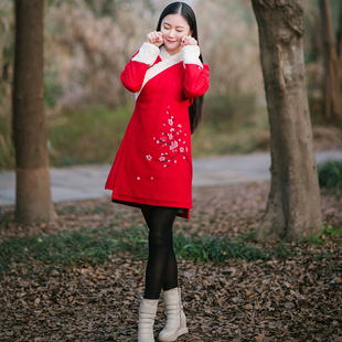 民族风红色棉服中国风棉袄袍毛呢中式改良汉服元素外套中长款女装