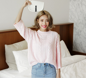 2016年女装春夏装韩版9分袖宽松针织衫套头宽松衫羊毛薄款6050
