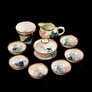 德化陶瓷 粗陶墨荷手绘茶具 功夫茶具整套装盖碗礼盒装特价包邮