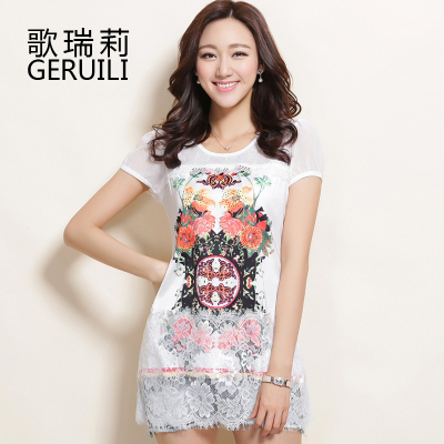 歌瑞莉2015夏季新款大码女装韩版t恤中长款短袖宽松上衣蕾丝小衫
