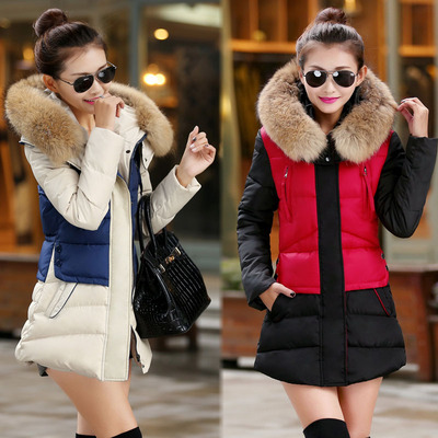 2015新款韩版冬装外套棉衣女修身中长款拼色带毛领羽绒棉服女装潮