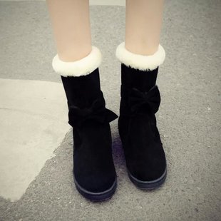 2015冬季新款韩版时尚蝴蝶结舒适珊瑚绒雪地靴中筒靴女靴