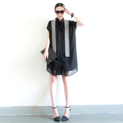 TSF独家 欧美设计黑白条纹撞色领带拼接真丝雪纺宽松长衬衫连衣裙