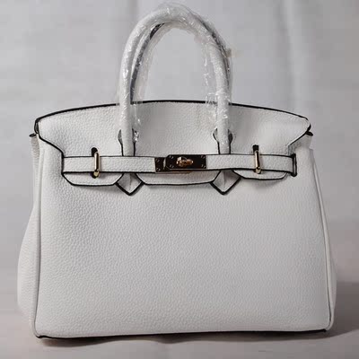 2015新款白色荔枝纹铂金包通勤手提包带锁头女包30cm手拎包包包邮