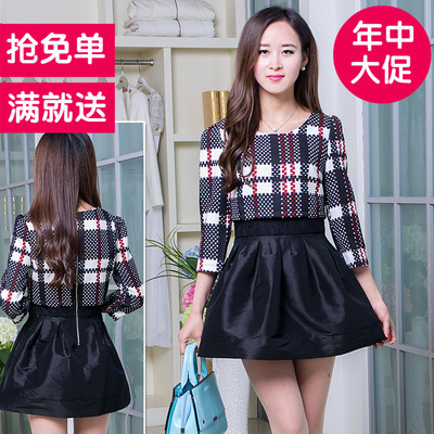 2015秋季新款女式韩版复古收腰格子印花蓬蓬裙假两件七分袖包邮