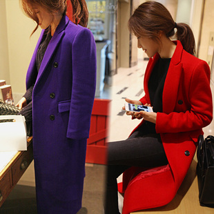 2015韩版紫色超长款羊毛呢子大衣女过膝毛呢外套女冬装羊毛大衣潮