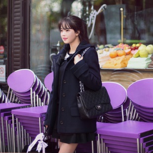 韩国正品代购2015冬装新款韩版宽松连帽学院羊绒外套中长款大衣