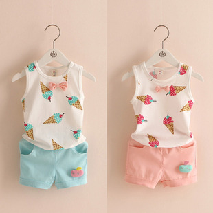 女童夏装套装2015新款韩版套裙3-4-5-6岁女小童短袖背心短裤 包邮