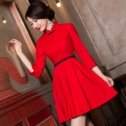 2015秋装新款时尚改良连衣裙创意款长袖纯色红色拼接A字裙复古