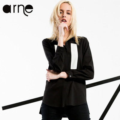 ARNE 原创设计女装2016春夏季新款黑白拼接色长袖衬衫女式衬衣