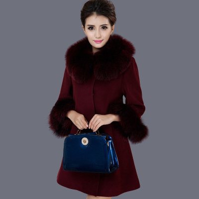 2015冬季新修身中长款羊绒大衣女奢华进口真狐狸毛领毛呢妈妈外套