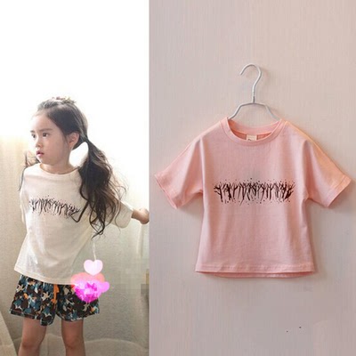 夏季爆款童装儿童短袖T恤 韩版小森林女童棉麻拼接纯色圆领上衣