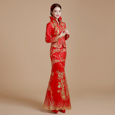 长袖新娘旗袍2015冬新款敬酒服长款红色结婚礼服显瘦修身中式嫁衣