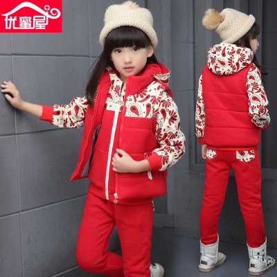 儿童冬装女童套装2016新款中大童韩版卫衣加厚三件套冬季运动童装