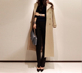 韩国进口女装正品加长款双排扣毛呢大衣外套