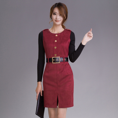 2015秋季新款女装韩版时尚修身圆领A字裙长袖拼接连衣裙送腰带