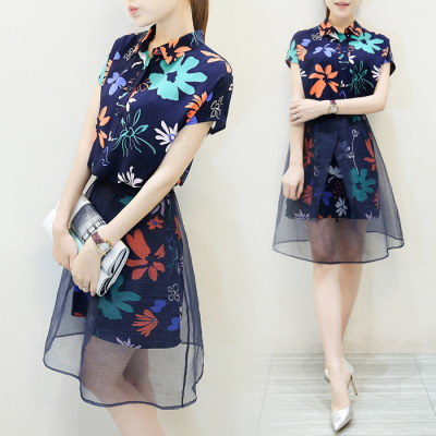2015夏装新款韩版女装欧根纱套装裙 中长款两件套印花连衣裙夏
