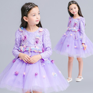 欧美童装紫色公主女童连衣裙长袖女童公主裙儿童礼服童裙一件现货