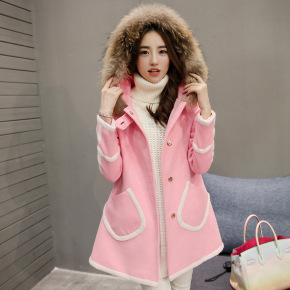 2015冬季新款女装韩版中长款连帽单排扣呢子大衣女大毛领毛呢外套