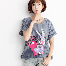 2015年春夏新款 韩版印花长款短袖条纹T恤  卡通休闲女士T恤0309C