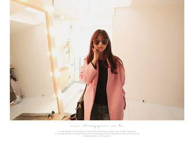 2015韩版冬季新款 粉色茧型宽松加厚夹棉毛呢大衣外套
