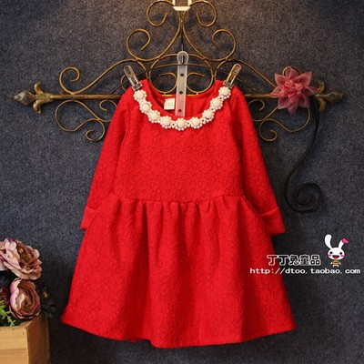 2016春季新款女童时尚红色珍珠领蕾丝长袖连衣裙儿童裙子