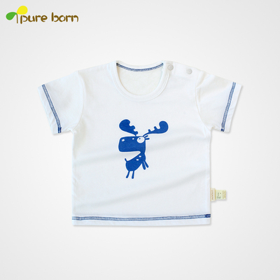 pureborn有机棉新款宝宝短袖T恤背心男女儿童卡通上衣夏装0-3岁