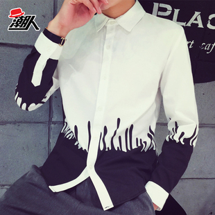 冬季日系长袖衬衫学生韩版修身衬衣潮个性打底衫原宿白衬衫男保暖
