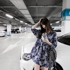2015年夏季女韩版宽松长裙显瘦复古青花瓷雪纺碎花连衣裙