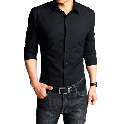 男士长袖衬衫韩版修身黑色伴郎寸衫商务休闲大码免烫纯色衬衣秋季