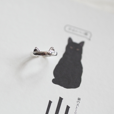 素银可爱猫咪耳朵开口戒指 S925纯银猫爪指环 女生礼物【二拾二】