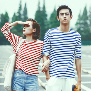 原宿街头BF风男女装韩版红蓝条纹七分袖情侣海军衫T恤