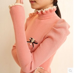 2014秋冬新款版女装蕾丝花边半高领泡泡袖修身打底套头针织衫毛衣