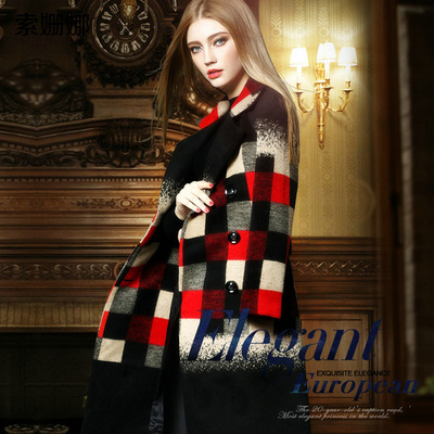 索姗娜2016冬春女装欧美时尚气质格纹羊毛呢修身加厚外套长款大衣