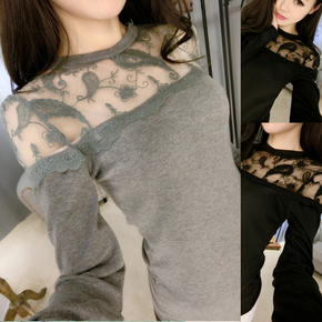 2015春秋新款韩版女装T恤低领蕾丝打底衫修身长袖气质上衣小衫女
