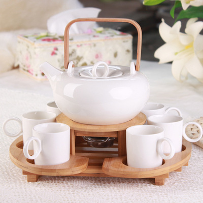 定做陶瓷咖啡茶具组合 6茶杯1茶壶咖啡用具套装 咖啡杯配竹架