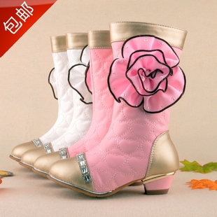 小金儿女童靴 儿童冬季白色粉红色大花朵高跟公主棉靴儿童雪地靴