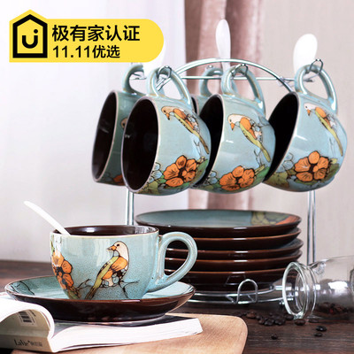 彩绘咖啡具套装6人 手绘杯子中式古典式复古茶杯子咖啡杯碟勺带架