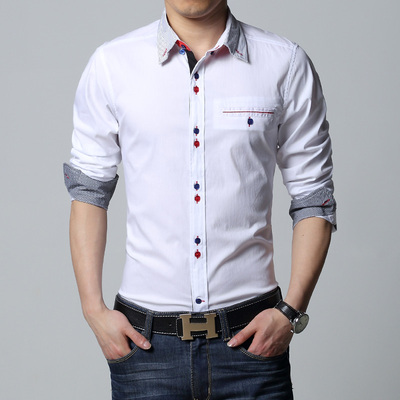 新款男装时尚休闲长袖衬衫男秋季商务韩版修身纯白色男士衬衣 潮