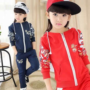 女童秋装2016韩版中大童儿童套装连帽两件套印花休闲运动卫衣套装