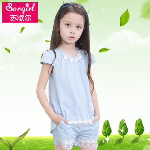 女童夏蓝色粉色纯棉套装2件套儿童T恤短裤中大童可爱韩版两件套