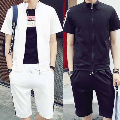 男夏季短袖卫衣休闲大码运动套装韩版青年立领纯色开衫半袖薄T恤