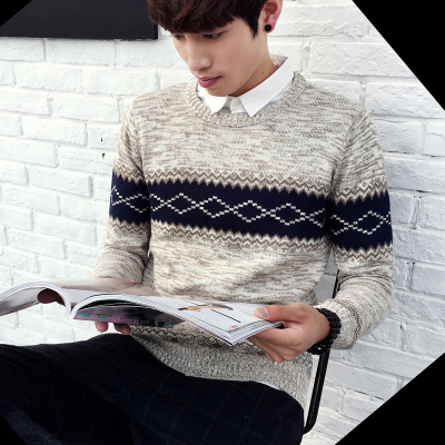 秋冬季韩版青年潮外套男士针织衫圆领套头大码加厚加绒毛衣学生