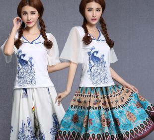 夏装新款2015民族风大码女装 中国风青花瓷复古绣花短袖t恤女上衣