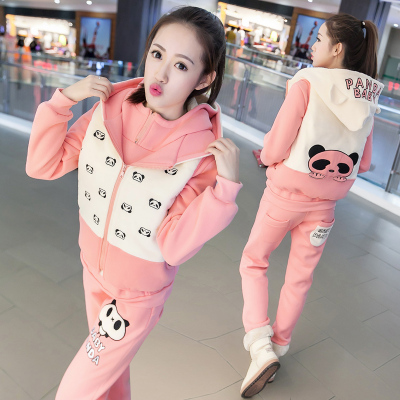 少女装韩版卡通秋冬女士卫衣3三件套加厚加绒初中学生运动套装潮