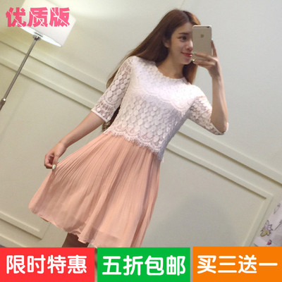 促销夏季新款韩版女装修身蕾丝拼接短袖连衣裙圆领雪纺裙子连衣裙