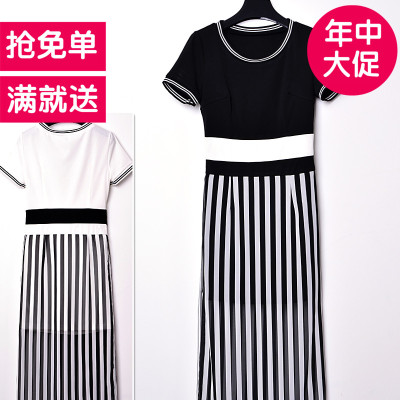 2015夏季新款欧美风条纹黑白开衩长裙拼接透视修身雪纺连衣裙热销