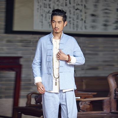 2015新款中式唐装男装长袖亚麻外套盘扣中山装汉服男式装中国风