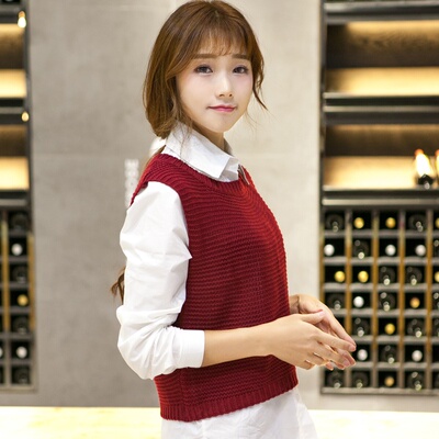 [模特实拍]韩版甜美学院风针织衫 套头圆领短款毛衣背心马甲